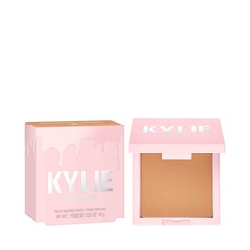 Kylie by Kylie Jenner Pressed Bronzing Powder 11g in warm tan shade, shown with pink branded box packaging