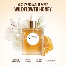 Gisou Honey Infused Hair Oil glass dropper bottle with honeycomb and white florals. Notes: spring flowers, white clover, honey nectar, mandarin.