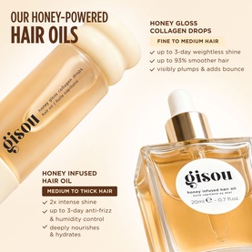 Gisou Honey Infused Hair Oil golden bottle alongside Honey Gloss Collagen Drops, with product benefit text on branded background.