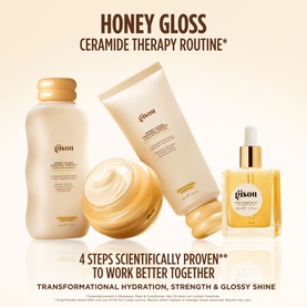 Gisou Honey Gloss Ceramide Therapy Routine featuring Honey Infused Hair Oil and three complementary golden haircare products