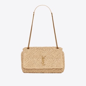 Saint Laurent Jamie Medium Raffia Bag in beige woven raffia with gold YSL emblem, gold chain strap and flap closure