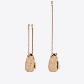 Saint Laurent Jamie Medium Raffia Bag in beige, shown from two angles with gold chain strap and YSL emblem detail