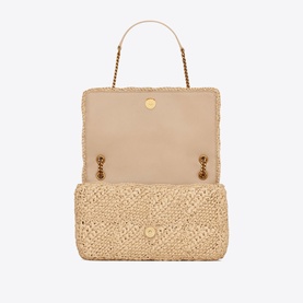 Saint Laurent Jamie Medium Raffia Bag in beige, open view showing nude leather lining, gold-tone chain strap and YSL emblem closure