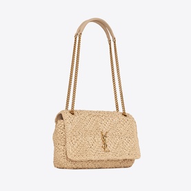Saint Laurent Jamie Medium Raffia Bag in beige with gold-tone chain strap, YSL emblem, and woven raffia body