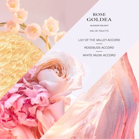 BVLGARI Rose Goldea Blossom Delight Eau de Toilette 50ml, shown with pink roses, peonies and golden foliage on white background