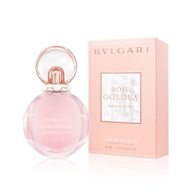 BVLGARI Rose Goldea Blossom Delight Eau de Toilette 50ml, round blush-pink bottle with pink cap beside matching pink gift box
