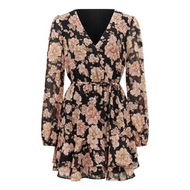 Forever New Jasmine Skater Dress in gold floral print, V-neck, sheer blouson sleeves, removable waist-tie, tiered mini skirt