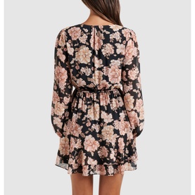 Model wearing Forever New Jasmine Skater Dress in gold floral print, back view, sheer blouson sleeves, elasticated waist, tiered mini skirt