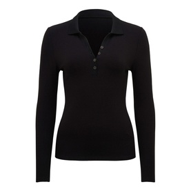 Forever New Julia Long Sleeve Polo Top in black, fitted ribbed jersey with polo collar and button-through front, long sleeves