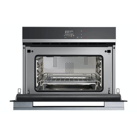 Fisher & Paykel 37L 900W Built-in Combination Microwave, stainless steel finish, open door view showing interior cavity and wire rack