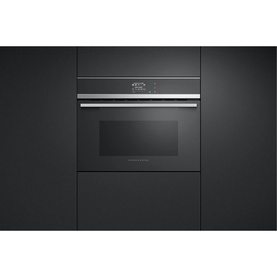 Fisher & Paykel 37L 900W Built-in Combination Microwave in black, shown flush-mounted in dark cabinetry with stainless steel trim and touch display