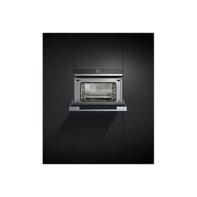 Fisher & Paykel 37L 900W Built-in Combination Microwave in stainless steel, shown built into dark cabinetry with glass door and control panel