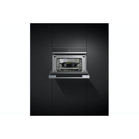 Fisher & Paykel 37L 900W Built-in Combination Microwave in stainless steel and black, shown flush-mounted in dark cabinetry