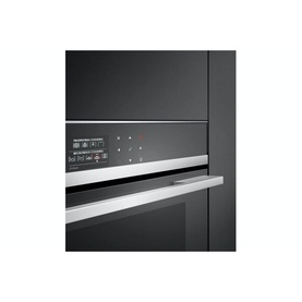 Fisher & Paykel 37L 900W Built-in Combination Microwave in stainless steel and black, showing digital control panel and handle detail