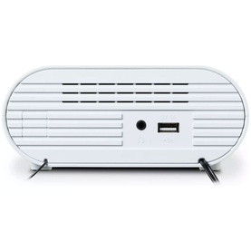 Roberts Ortus Charge FM Clock Radio in white, rear view showing ventilation grille, 3.5mm jack, and USB port