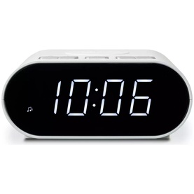 Roberts Ortus Charge FM Clock Radio in white with black LED display showing 10:06, oval-shaped housing with top controls