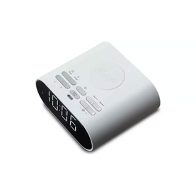 Roberts Ortus Charge FM Clock Radio in white, compact design with LED display and wireless charging pad on top