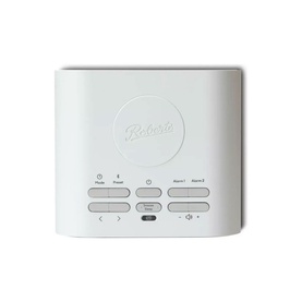 Roberts Ortus Charge FM Clock Radio in white, top-down view showing control buttons and embossed logo