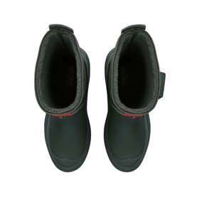 Hunter Killing Eve Short Hunting Boots in green, top-down view showing faux shearling lining, detachable ankle strap with red detail