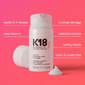 K18 Leave-In Molecular Repair Mask 50ml pump bottle on pink background with key claims: works in 4 minutes, easy leave-in, reverses damage