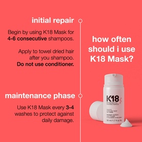 K18 Leave-In Molecular Repair Mask 50ml usage guide showing initial repair and maintenance phase instructions on coral background