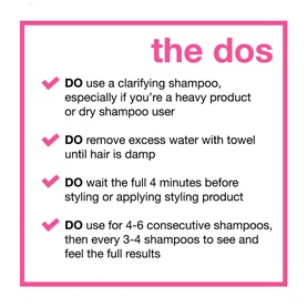 K18 Leave-In Molecular Repair Mask usage guide showing four "dos" for best results, including clarifying shampoo and 4-minute wait time