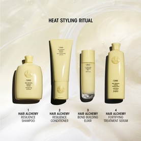 Oribe Hair Alchemy Resilience Conditioner in pale gold packaging, shown as part of a four-piece Heat Styling Ritual set