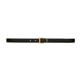Saint Laurent Narrow Monogram Grained Leather Belt in black calfskin with gold-tone YSL monogram buckle fastening