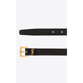 Saint Laurent Narrow Monogram Grained Leather Belt in black calfskin with gold-tone YSL monogram charm and square buckle fastening