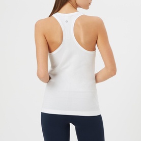 Model wearing Lululemon Swiftly Tech Racerback Tank Top in white, shown from behind, styled with navy leggings