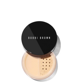 Bobbi Brown Sheer Finish Loose Powder in Soft Sand, 10g, open jar showing fine pale beige powder with sifter lid