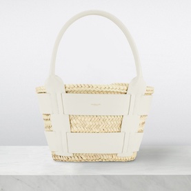 DeMellier Miniature Santorini Basket Bag in cream, woven palm leaf body with leather trims, single top handle and open top