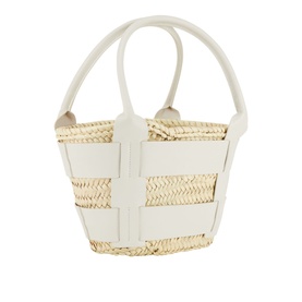 DeMellier Miniature Santorini Basket Bag in cream, woven palm leaf body with leather stripe trims, dual top handles, open top