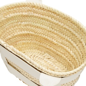 DeMellier Miniature Santorini Basket Bag in cream, overhead interior shot showing woven palm leaf construction and leather trim detailing
