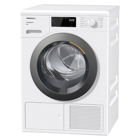 Miele 8kg With PerfectDry Heat Pump Tumble Dryer in white with chrome porthole door and digital control panel
