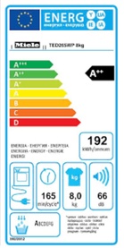 Miele 8kg With PerfectDry Heat Pump Tumble Dryer EU energy label showing A++ rating, 192 kWh annual energy, 8kg capacity