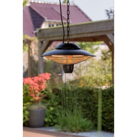Sunred Barcelona Hanging Heater in black, suspended by chain over outdoor patio with garden and pergola in background