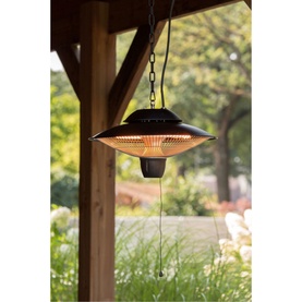 Sunred Barcelona Hanging Heater suspended from wooden pergola, black UFO-style design with glowing infrared element, outdoor garden setting