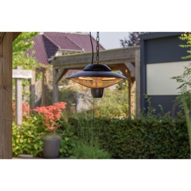 Sunred Barcelona Hanging Heater suspended from pergola in garden setting, black dome design with glowing infrared element