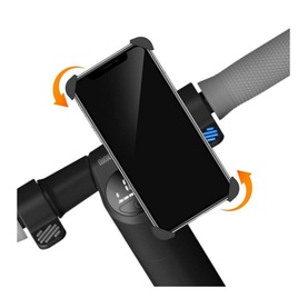 Segway Ninebot Phone Holder in black, mounted on scooter handlebar with smartphone secured in adjustable grip, rotation arrows shown