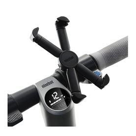 Segway Ninebot Phone Holder in black, four-arm grip mount attached to electric scooter handlebar with display panel visible