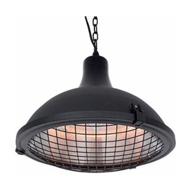 Sunred Indus II Hanging 2100 Heater in black, industrial-style pendant design with metal cage grille and chain suspension