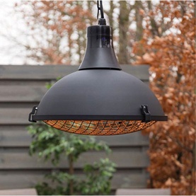 Sunred Indus II Hanging 2100 Heater in black, dome-shaped outdoor heater with wire mesh guard, suspended outdoors against autumn foliage