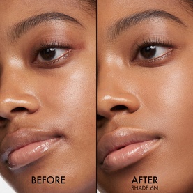 Before and after split showing Dior Backstage Face & Body Flash Perfector Concealer in shade 6N on medium-deep skin tone