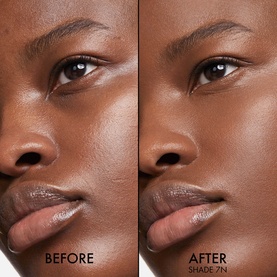 Model with Dior Backstage Face & Body Flash Perfector Concealer before and after application, shade 7N shown on deep skin tone