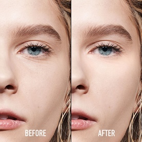 Before and after close-up showing Dior Backstage Face & Body Flash Perfector Concealer application, demonstrating improved skin coverage and radiance