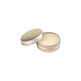 Voya Balmelicious Peppermint & Vanilla Organic Lip Balm in open gold tin revealing pale yellow balm
