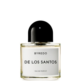 Byredo De Los Santos Eau de Parfum, clear glass bottle with black dome cap and white label