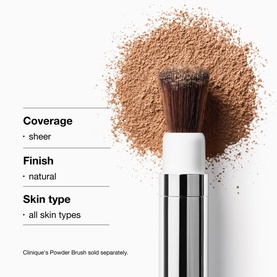Clinique Blended Face Powder in Transparency Neutral, 25g, shown with brush applicator and loose powder swatch. Sheer, natural finish
