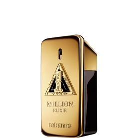 Rabanne Million Elixir Intense Parfum 50ml in gold and black rectangular bottle with triangle emblem